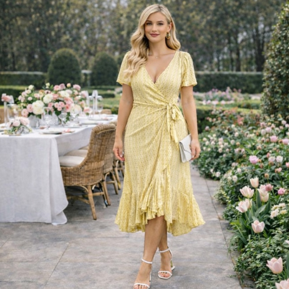 NEW CURVE CARYS WHITTAKER YELLOW FLORAL PRINT TIE WRAP FRILL MIDI DRESS